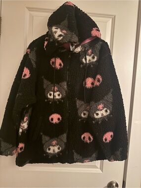 Black Fleece Zip Hoodie with Pink & White Cartoon Faces